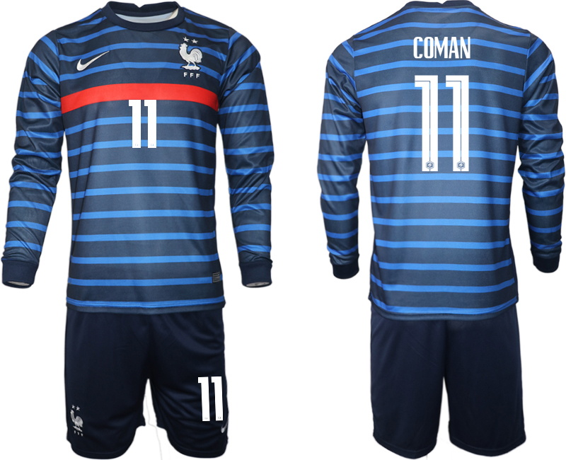 Men 2021 European Cup France home blue Long sleeve #11 Soccer Jersey